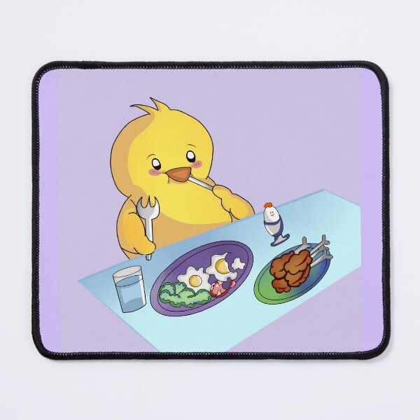 Item preview, chick eating fried eggs, hard boiled egg, fried chicken and drinking pure water in chibi kawai style. designed and sold by kitsuneins.