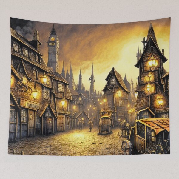 Item preview, A brightly lit tudor village at night designed and sold by dystopiatoday.