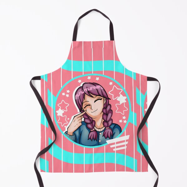 Item preview, illustration of a smiling girl with blue sweater, purple hair in anime style on a pink background with light blue lines designed and sold by kitsuneins.