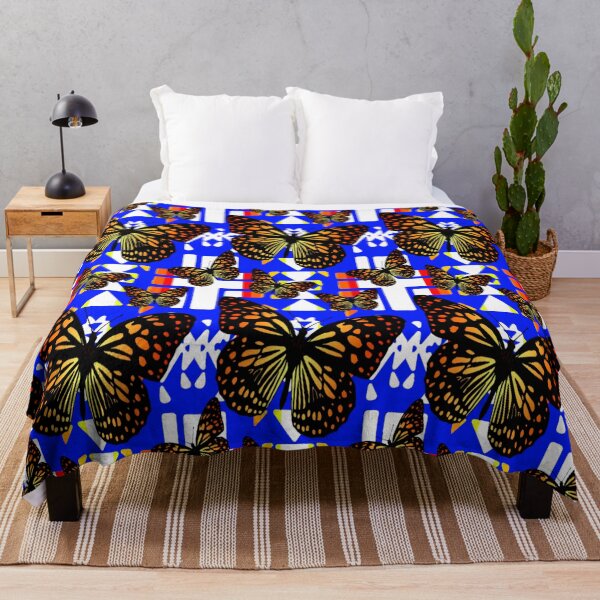 Item preview, Bright Blue / White  / Fire Color  Native Butterfly Blanket Print  designed and sold by JMWCD.
