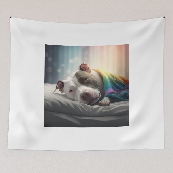 Item preview, Pittie de nariz azul con ojos multicolores durmiendo con una manta arcoíris designed and sold by epicevolution.
