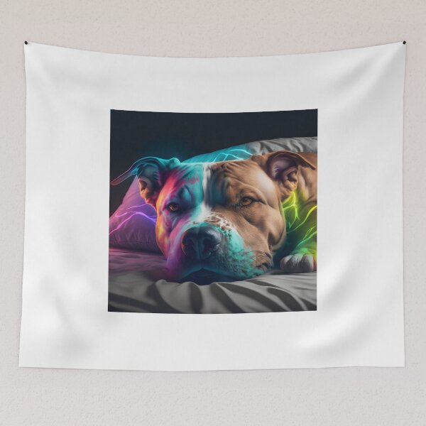 Artikelvorschau, Regenbogen-Pitbull mit blauer Nase liegt bequem im Bett entworfen und verkauft von epicevolution.