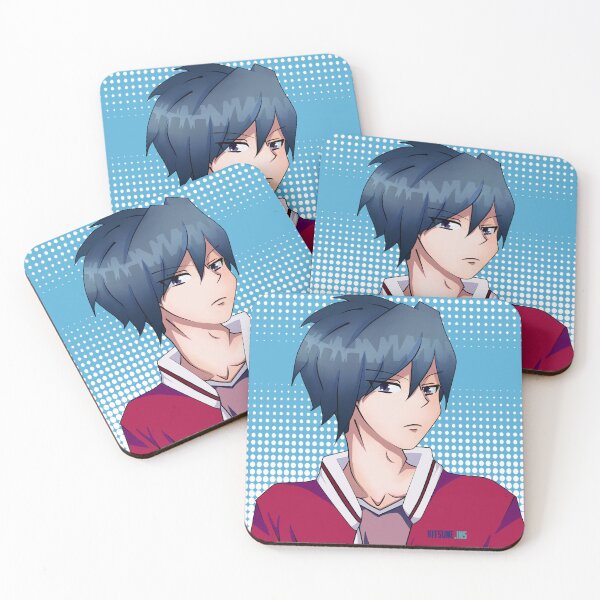 Item preview, boy in anime style with blue hair and red sweater on a light blue background with white dots designed and sold by kitsuneins.