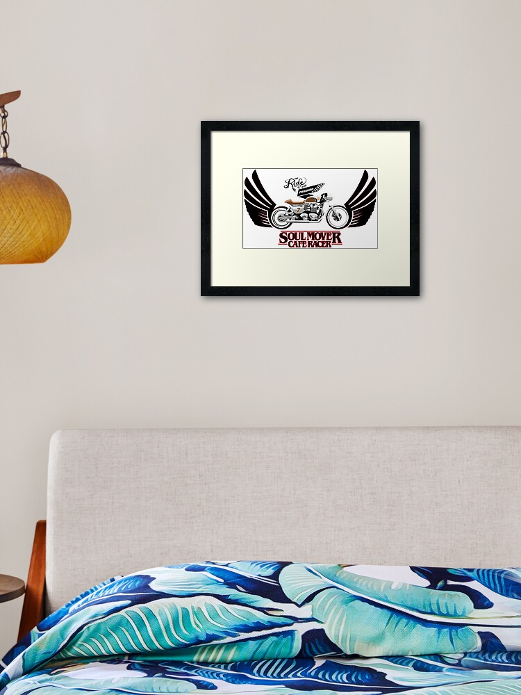 Framed Art Print, winged Cafe Racer Soul Mover with type designed and sold by SFDesignstudio