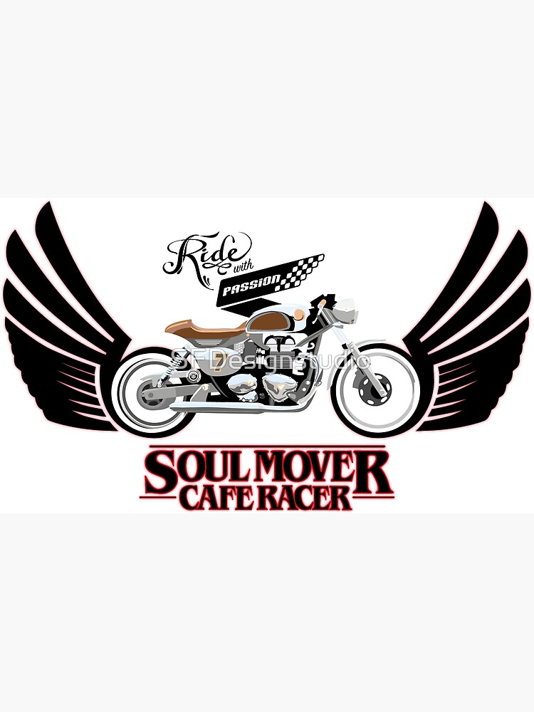 Artwork view, winged Cafe Racer Soul Mover with type designed and sold by SFDesignstudio