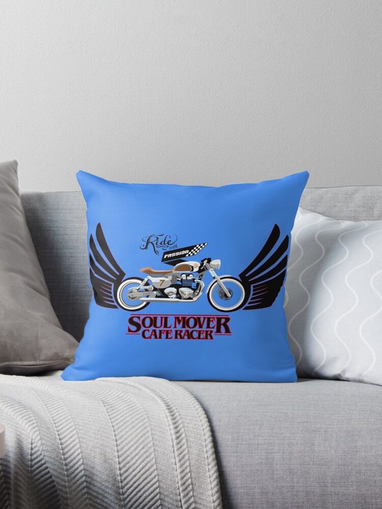 Thumbnail 1 of 3, Throw Pillow, winged Cafe Racer Soul Mover with type designed and sold by SFDesignstudio.