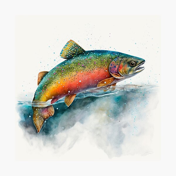 Rainbow Trout Fish Jumping Out of Water Modern Oil Painting Square Wooden  Framed Wall Art Print Picture 16X16 Inch