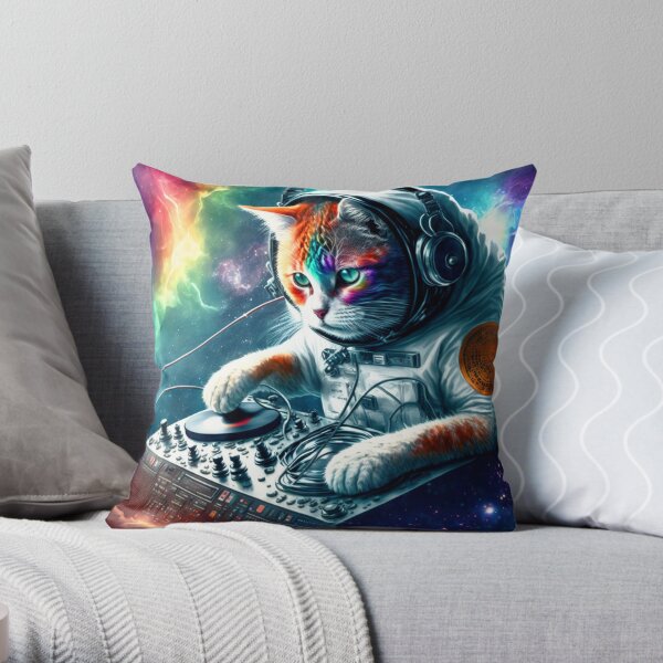 Astronaut Cat DJ Throw Pillow