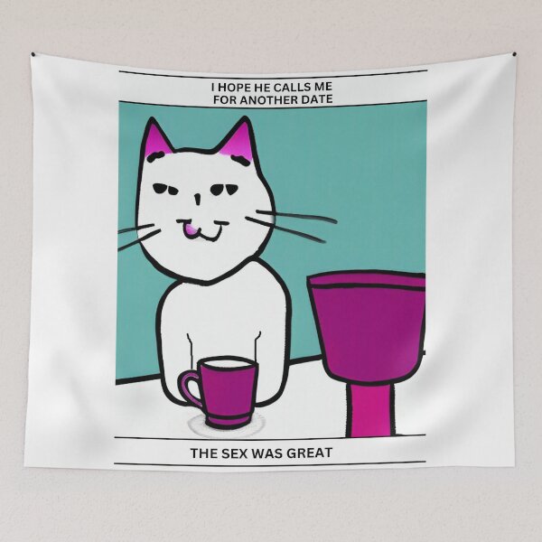 Item preview, Funny girl cat and coffee cup wall art. Cartoon cat wall decor as prints, on canvas, or large posters. Cat wall art decor for your living room or bedroom. Choice of print sizes. designed and sold by JoelsCorner.