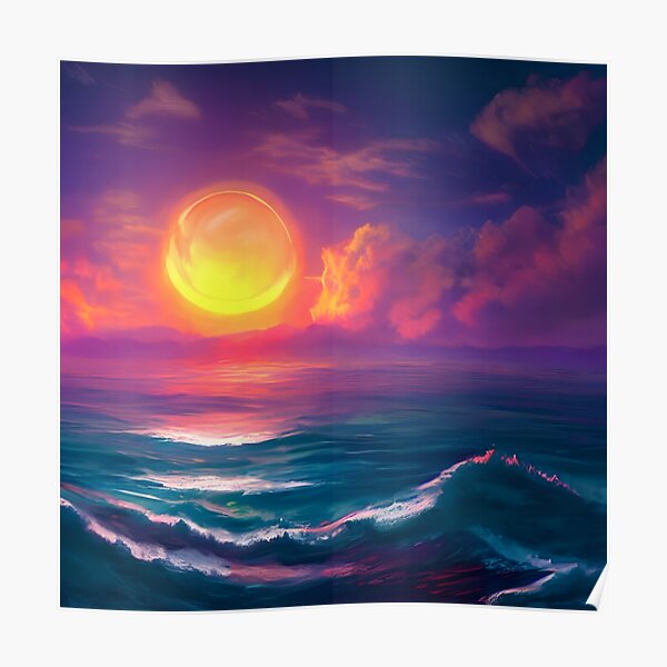 Beautiful sunset sky over the ocean sea waves - landscape painting Poster