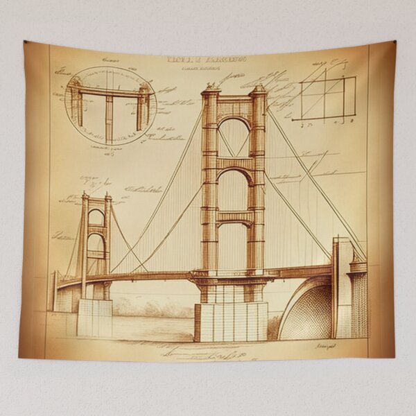 Item preview, Ancient technical drawing with measurements and calculations of a Golden Gate bridge in San Francisco city a Leonardo da Vinci style designed and sold by ArtifactVault.