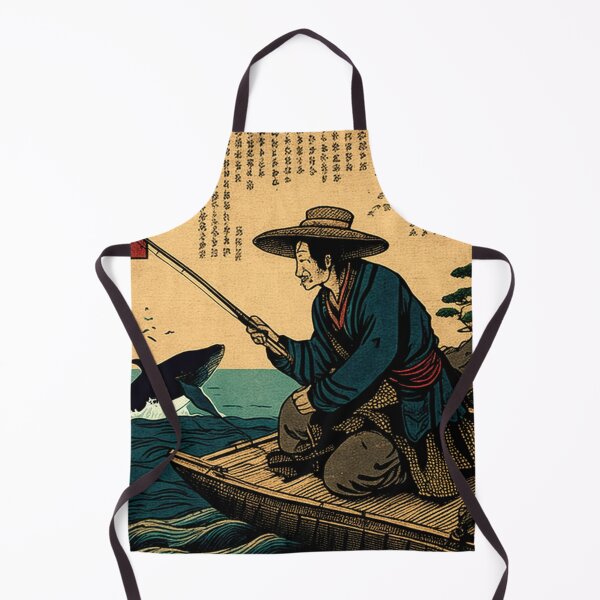 Item preview, An old peaceful Japanese fisherman seated at a dock with his fishing rod in hand, whale jumping out of the water in the background an ukiyo-e style woodblock print designed and sold by ArtifactVault.