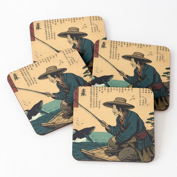 Item preview, An old peaceful Japanese fisherman seated at a dock with his fishing rod in hand, whale jumping out of the water in the background an ukiyo-e style woodblock print designed and sold by ArtifactVault.
