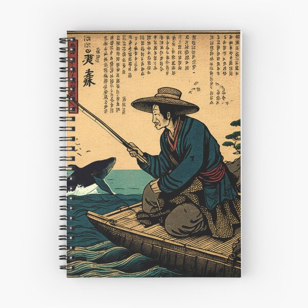 Item preview, An old peaceful Japanese fisherman seated at a dock with his fishing rod in hand, whale jumping out of the water in the background an ukiyo-e style woodblock print designed and sold by ArtifactVault.