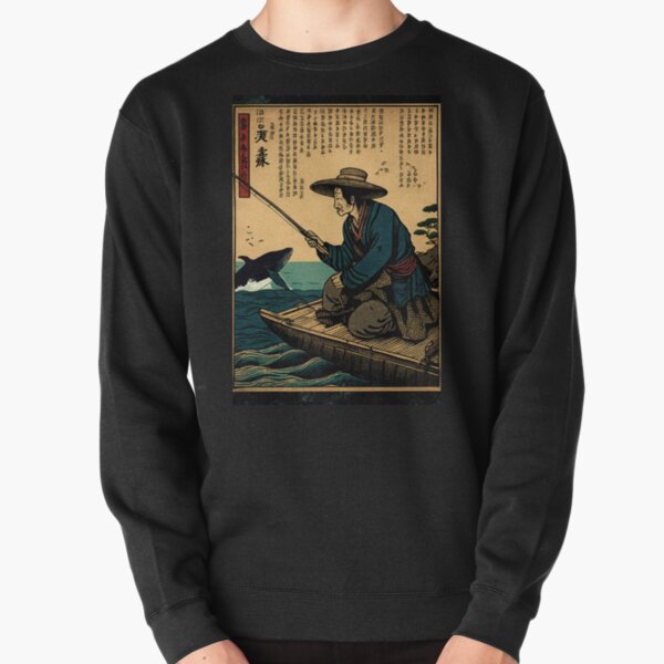 An old peaceful Japanese fisherman seated at a dock with his fishing rod in  hand, whale jumping out of the water in the background an ukiyo-e style  woodblock print Art Board Print