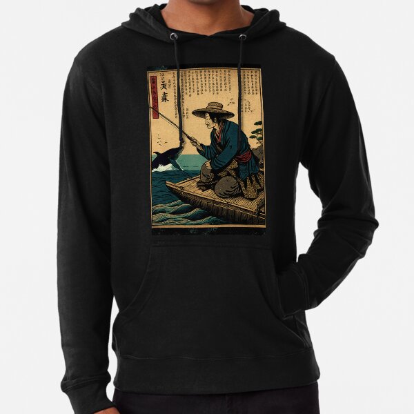 An old peaceful Japanese fisherman seated at a dock with his fishing rod in  hand, whale jumping out of the water in the background an ukiyo-e style  woodblock print Canvas Print for