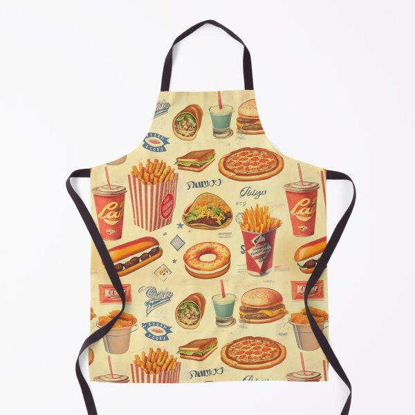 Item preview, A collection of fast-food items including burger, pizza, fries, burrito, taco, sandwich, fried chicken, soda arranged in a nostalgic and vintage retro pattern designed and sold by ArtifactVault.