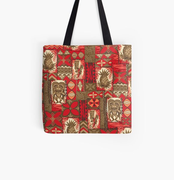 Pomaika’i Tiki Hawaiian Vintage Tapa - Red & Brown All Over Print Tote Bag