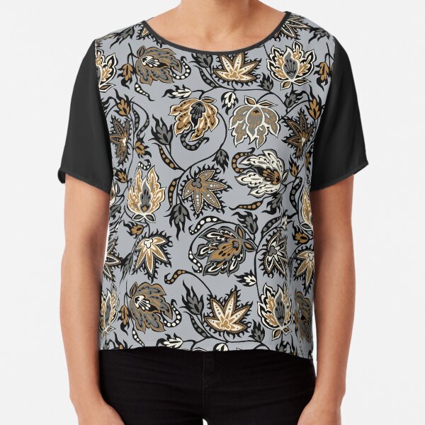 Protea Batik Hawaiian Tropical Floral - Silver Chiffon Top