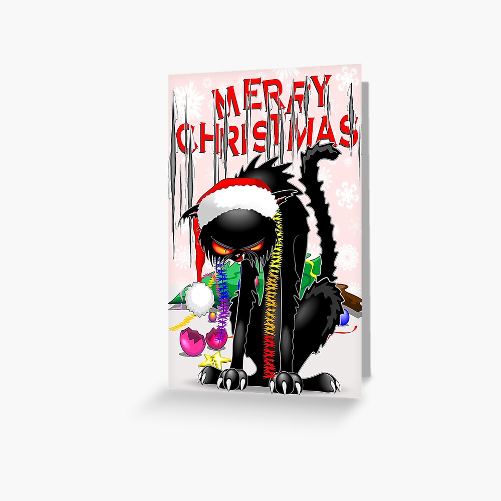 Evil Black Cat VS Christmas Tree Greeting Card