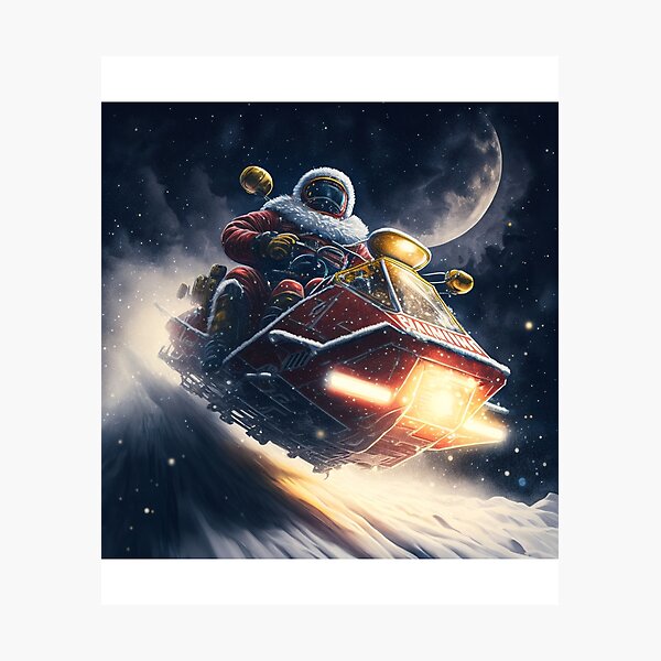 Item preview, Santa Claus drives a snowmobile with pawshop written on it while flying through a snowstorm, moonlight, designed and sold by seifmarket.