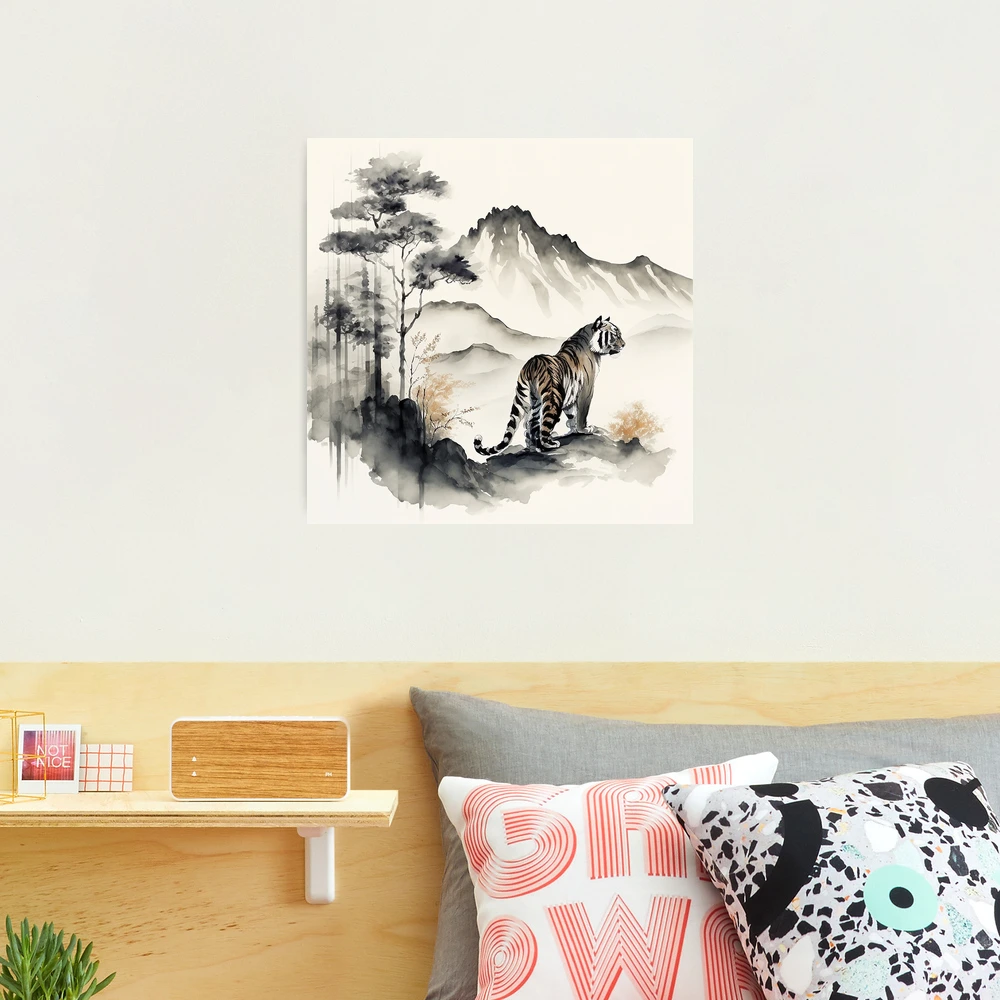 Tiger is walking in beautiful Japanese landscape - sumie painting