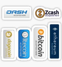 Pegatina Aceptado aquí: Bitcoin, Litecoin, Ethereum, Dogecoin, Dash, Zcash