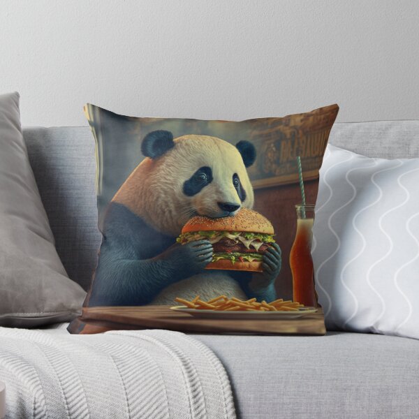 Panda Enjoying the Burger in Vintage Restaurant  Throw Pillow