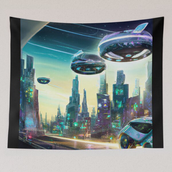 Item preview, Futuristic City with Flying Cars, AI Generated Digital Painting designed and sold by sweetbelle.