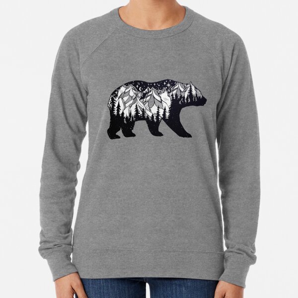 Wanderlust California Bear Silhouette with Mountains Landscape, Trees, Moon & Stars Lightweight Sweatshirt