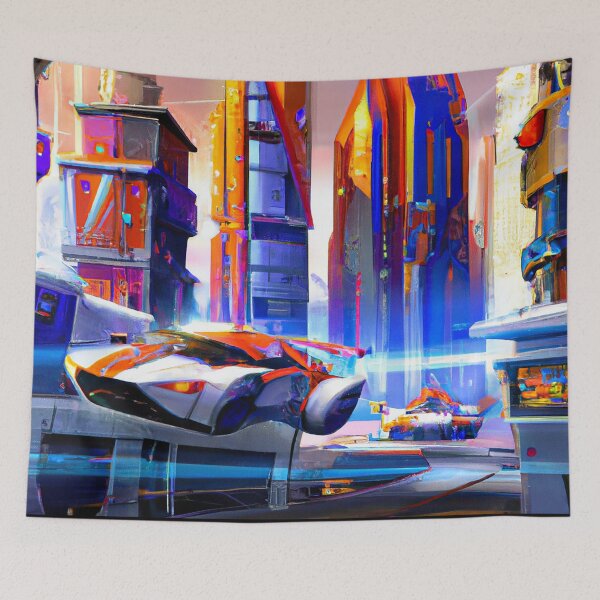 Item preview, Vibrant Futuristic City with Flying Cars, AI Generated Digital Painting designed and sold by sweetbelle.