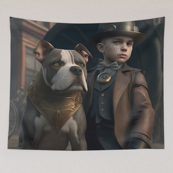 Item preview, Pitbull de nariz azul gris y blanco con un collar Steampunk dorado que protege a un niño pequeño designed and sold by epicevolution.