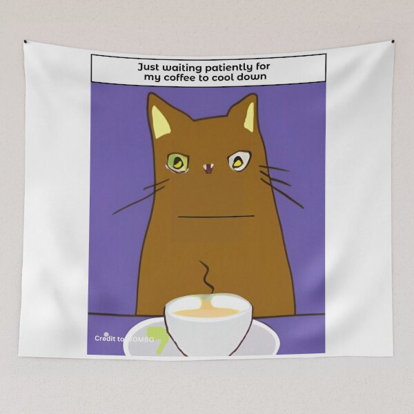 Item preview, Wall art funny cat waits for coffee to cool down. Cartoon cat wall decor as prints, on canvas, or large posters. Cat wall art decor for your living room or bedroom. Choice of print sizes. designed and sold by JoelsCorner.