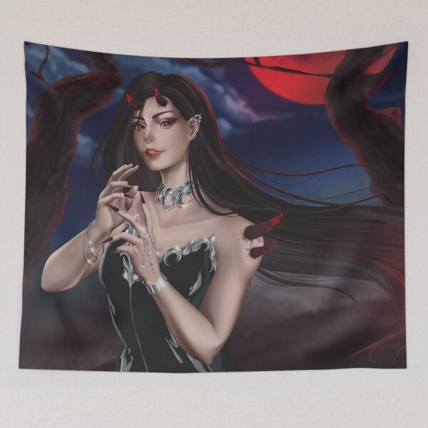 Item preview, Dark themed anime girl with horns in the night forest designed and sold by mizuyro.