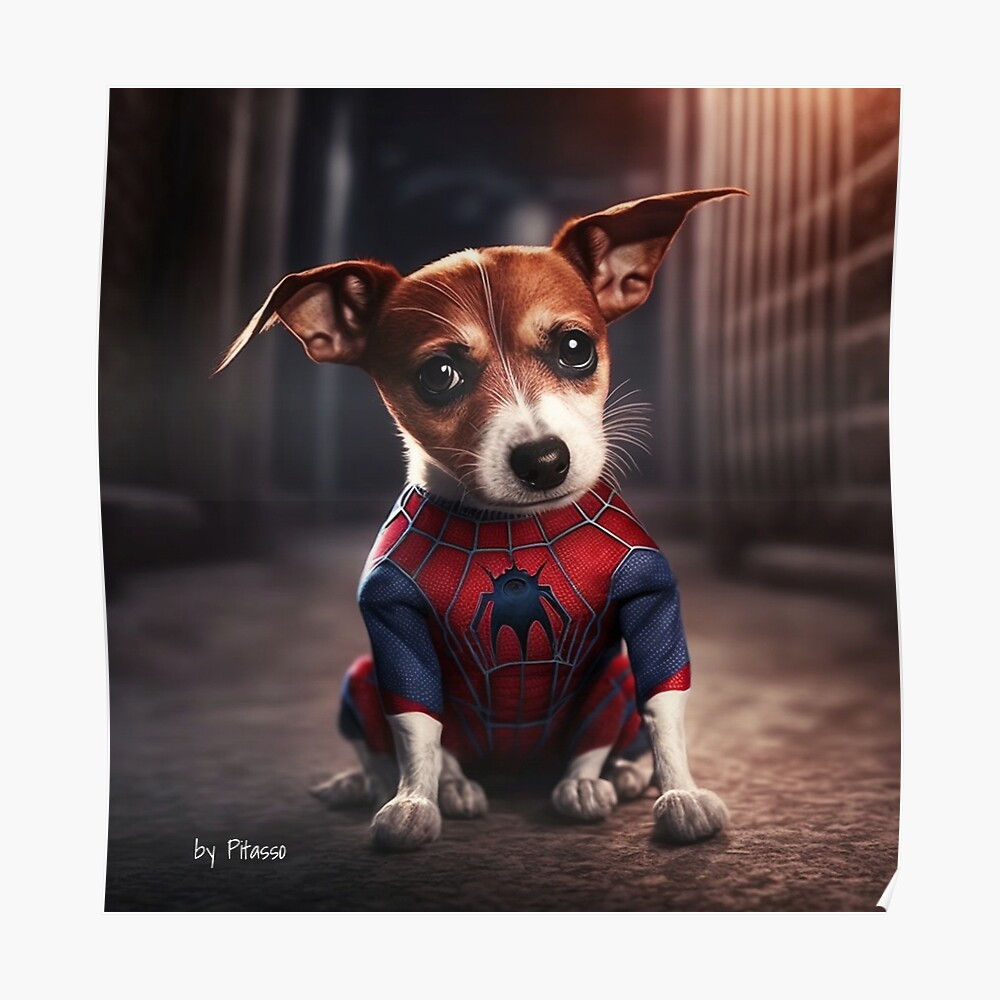 Pegatina «Lindo perro con un disfraz de spiderman - Jack Russel Terrier  spiderman de pitasso» de DErstling | Redbubble