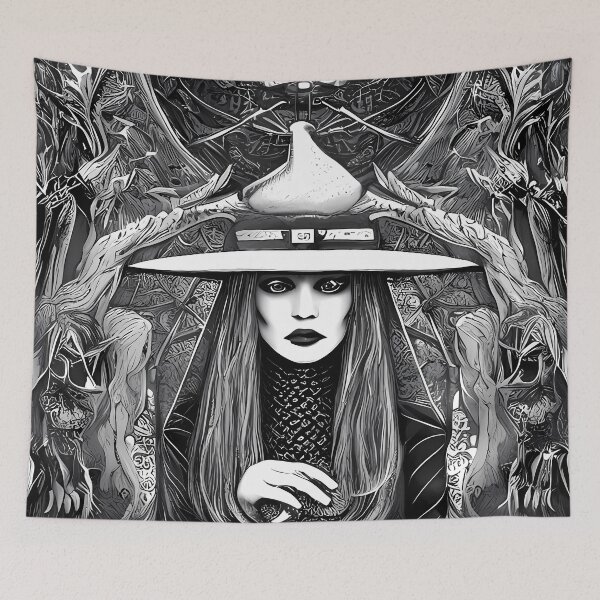 Item preview, Black ink illustration of a witch designed and sold by BigBrainArtwork.