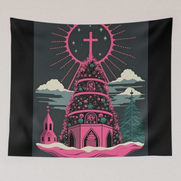 Item preview, Dynamic Christian-Themed Design with Christmas Tree in Dark Gray and Pink - Anime Style designed and sold by Art4Christ.