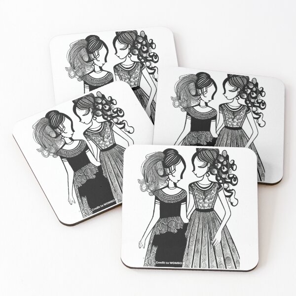 Artikelvorschau, Zwei junge Models, Schwarz-Weiß-Illustration. Schöne Haare und Kleider. Drucke, Drucke auf kaschierter Leinwand und Poster erhältlich. entworfen und verkauft von JoelsCorner.