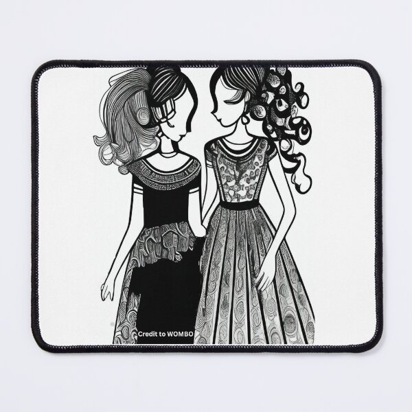Artikelvorschau, Zwei junge Models, Schwarz-Weiß-Illustration. Schöne Haare und Kleider. Drucke, Drucke auf kaschierter Leinwand und Poster erhältlich. entworfen und verkauft von JoelsCorner.