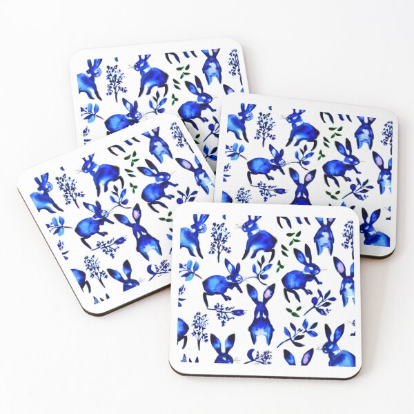 Item preview, Cute sweet funny rabbits, hare watercolor patterns, adorable blue and white animal patterns, watercolor blue and white pattern, hare patterns designed and sold by Artsareus.