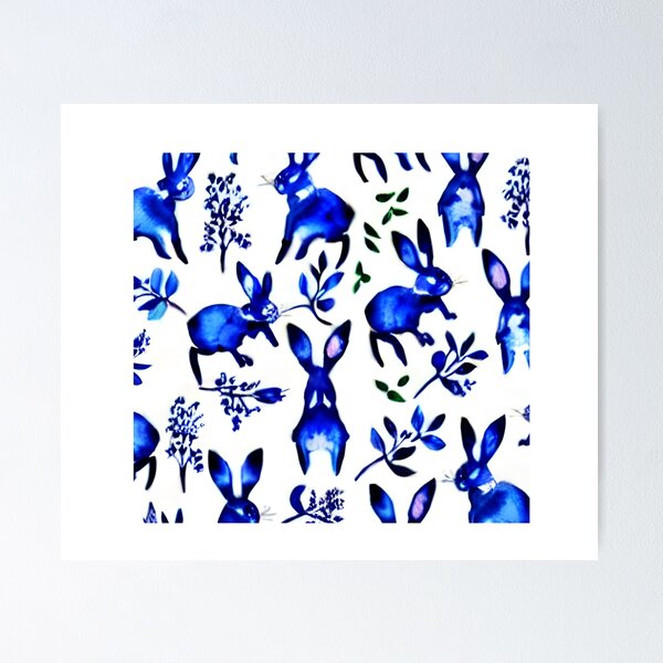 Item preview, Cute sweet funny rabbits, hare watercolor patterns, adorable blue and white animal patterns, watercolor blue and white pattern, hare patterns designed and sold by Artsareus.