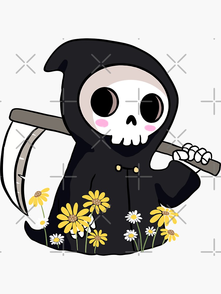"Cute grim reaper with daisy flowers " Sticker for Sale by