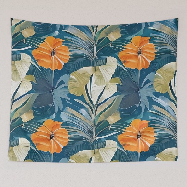 Item preview, Abstract Monstera Leaf with Van Gogh Style Leaves and Orange Flower Accent Pattern designed and sold by sunflowerlight.