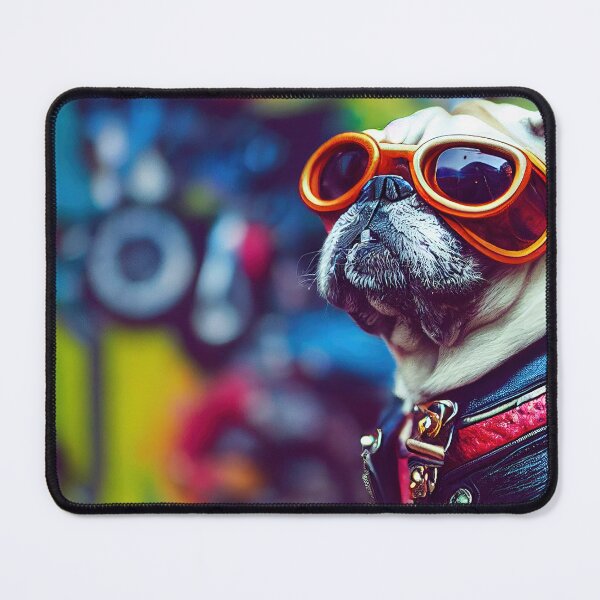 Item preview, Cool biker pug dog in a vibrant urban environment designed and sold by RK - Shop.