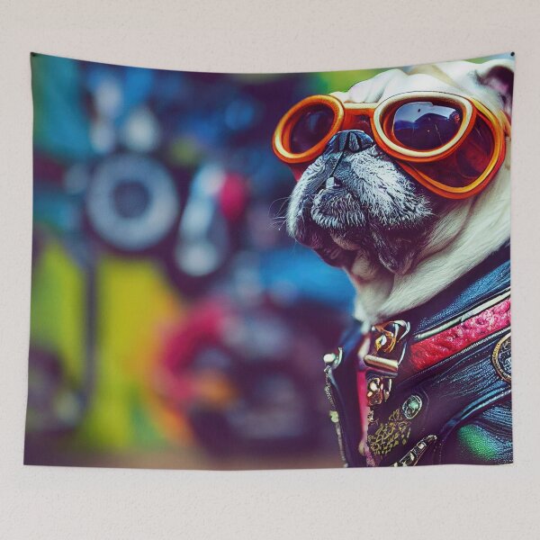 Item preview, Cool biker pug dog in a vibrant urban environment designed and sold by RK - Shop.