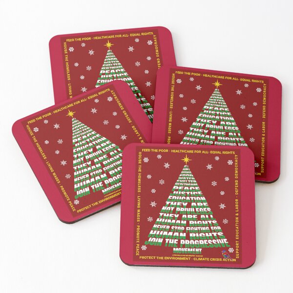 Aperçu de l'œuvre PMD00201 Le mouvement progressiste conçoit l'arbre de Noël des droits de l'homme sur le rouge cramoisi avec un oiseau de couleur arc-en-ciel pour les progressistes créée et vendue par ProgressiveLeft.