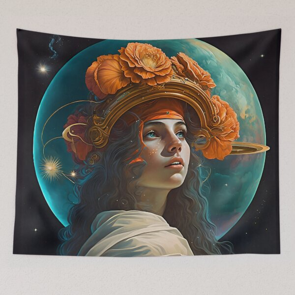 Item preview, Girl with orange roses and a planet behind her designed and sold by Tuko Designs.