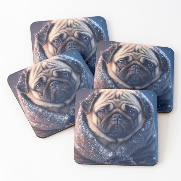 Item preview, Illustration of a sad pug dog waiting in the snow wearing a warm coat designed and sold by RK - Shop.