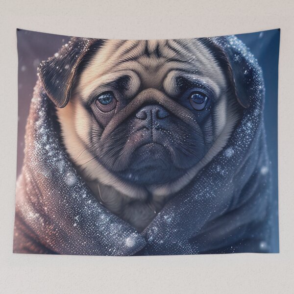 Item preview, Illustration of a sad pug dog waiting in the snow wearing a warm coat designed and sold by RK - Shop.