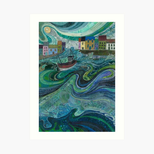 Tossed About - Fishing Boat and Waves Embroidery - Textile Art Art Print